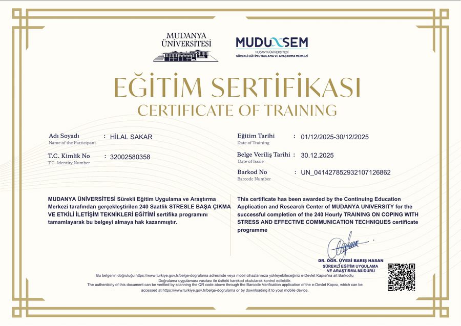 Stresle Başa Çıkma ve Etkili İletişim Teknikleri Eğitimi sertifikası önizlemesi