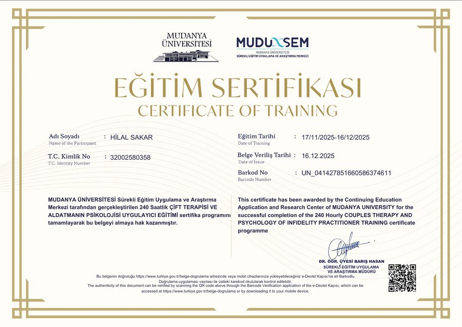 Çift Terapisi ve Aldatmanın Psikolojisi Uygulayıcı Eğitimi sertifikası küçük önizlemesi