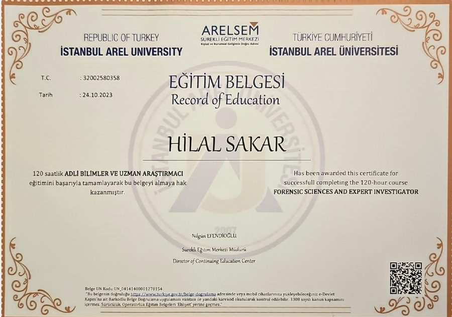 Adli Bilimler ve Uzman Araştırmacı eğitim belgesi küçük önizlemesi
