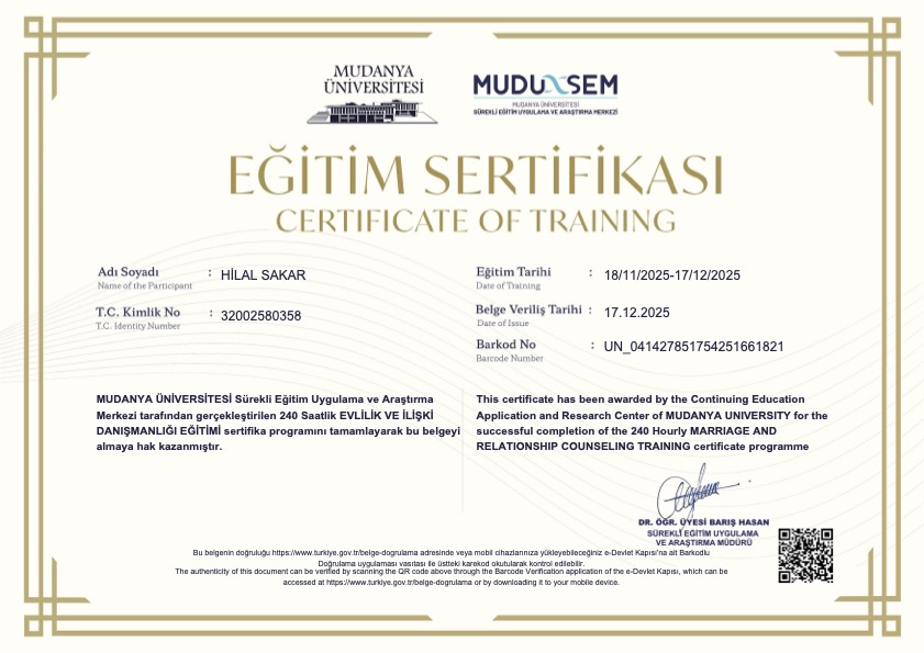 Evlilik ve İlişki Danışmanlığı Eğitimi sertifikası önizlemesi